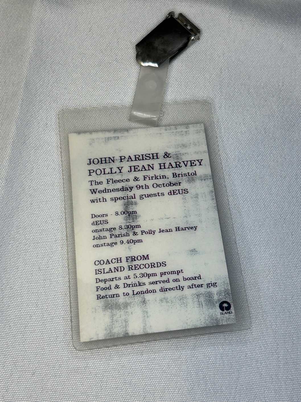 John Parish & PJ Harvey event pass Island Records 1996