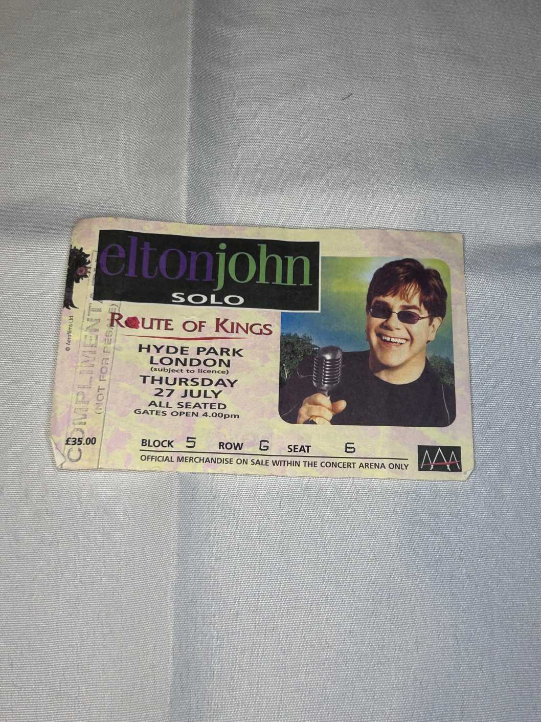 Elton John Ticket Stub Genuine Route of Kings Tour 27th July 2000