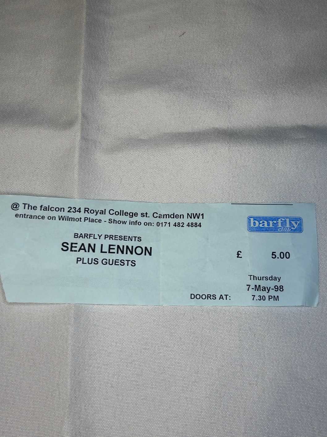 Sean Lennon Ticket Stub 1998 Barfly 7th May