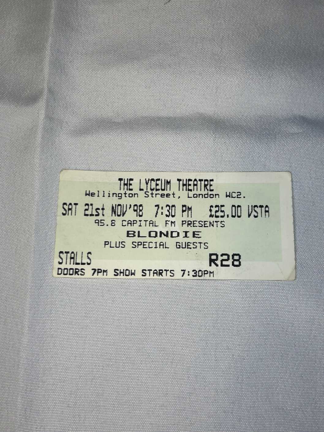 Blondie Ticket Stub 21st Nov 1998 Lyceum Genuine