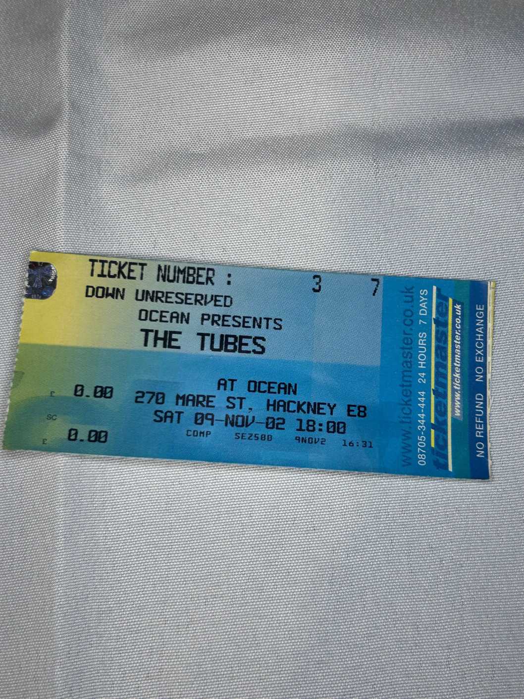 The Tubes Ticket Stub 9th November 2002