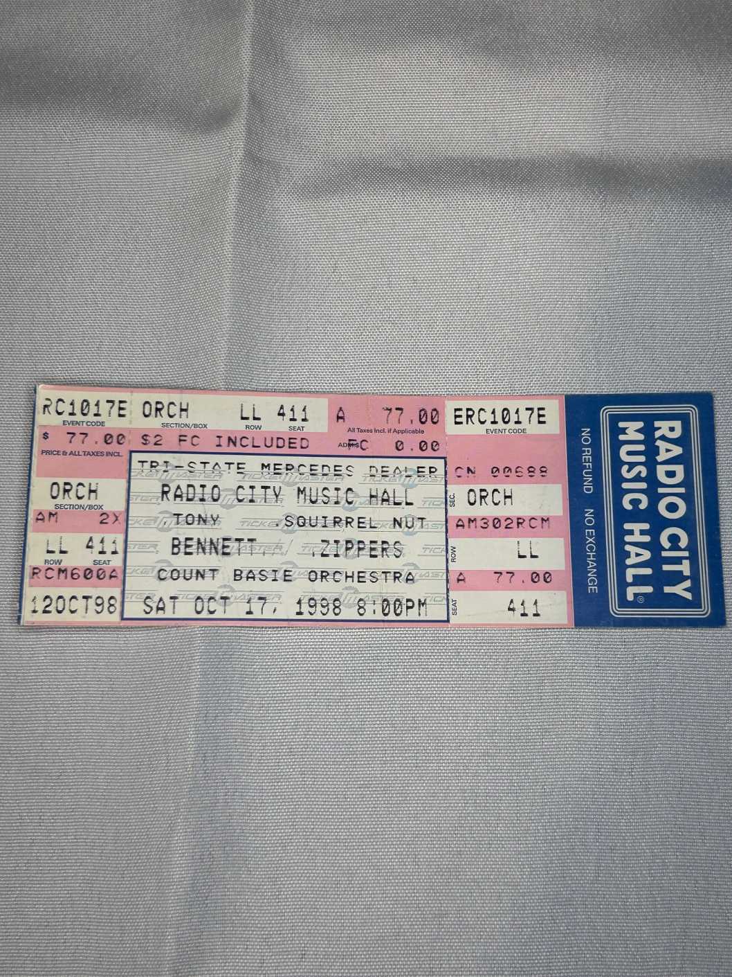 Tony Bennet Ticket Stub Radio City Music Hall Oct 17th 1998