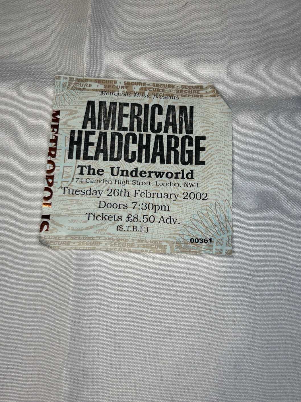 American Headcharge Ticket Stub 26th Feb 2002 Underworld