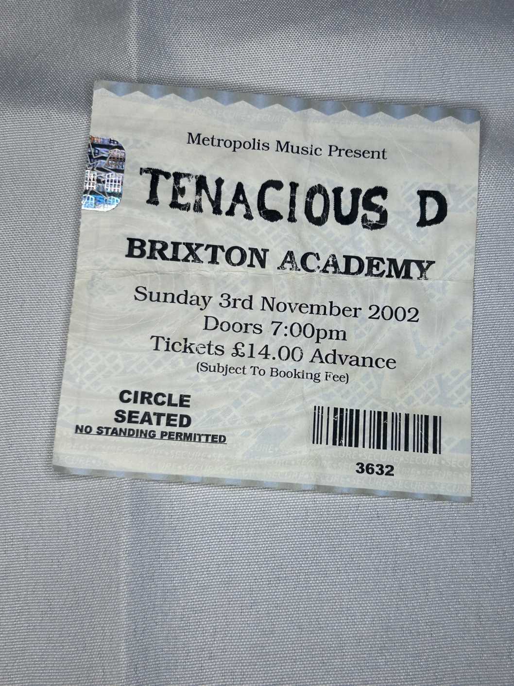 Tenacious D Ticket Stub 3rd November 2002 Brixton