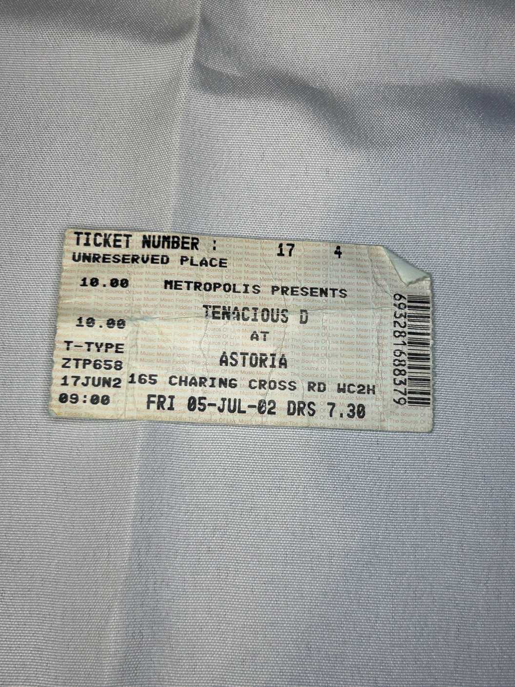 Tenacious D Ticket Stub Astoria 5th July 2002