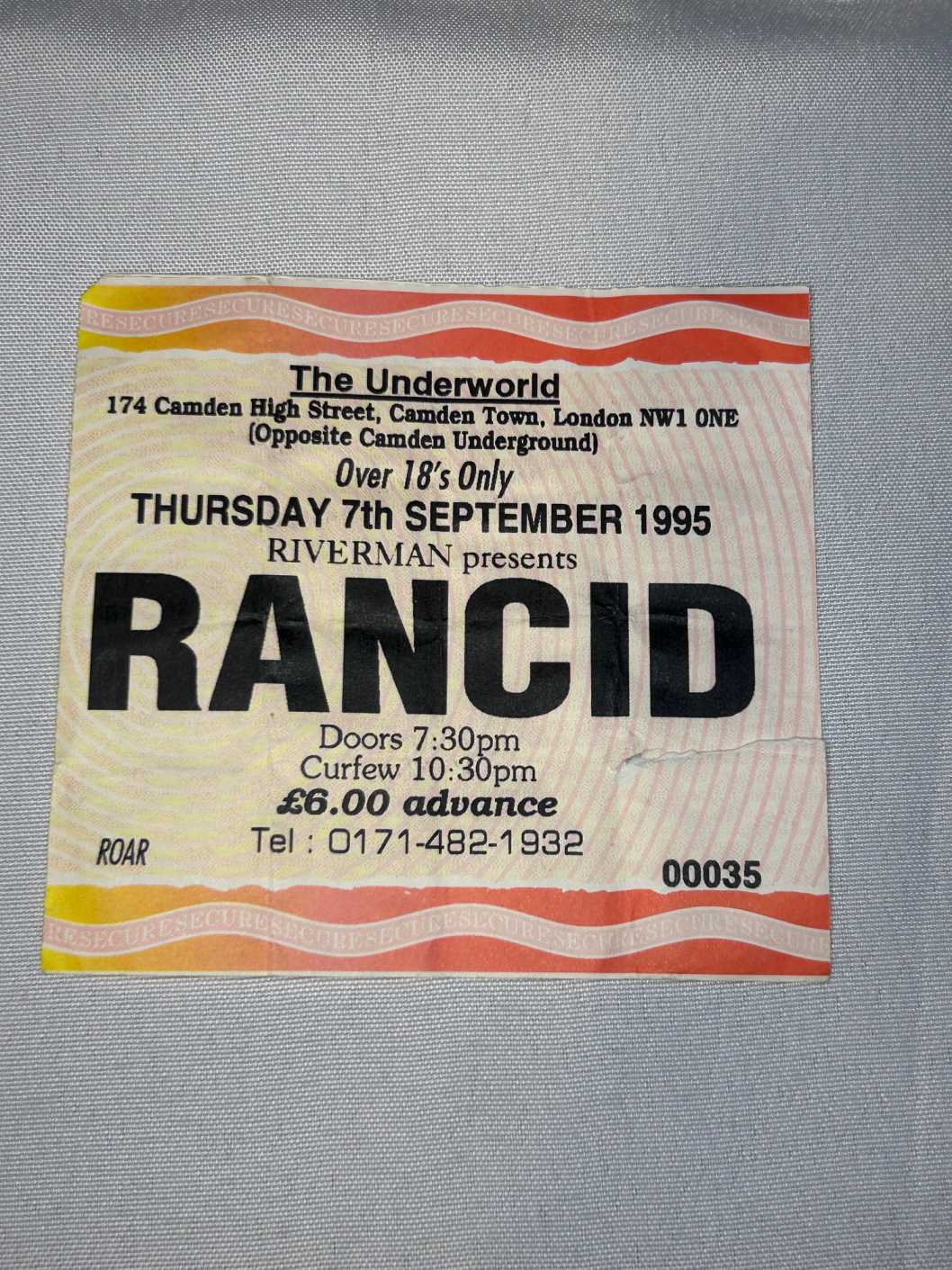 Rancid Ticket Stub 7th September 1995