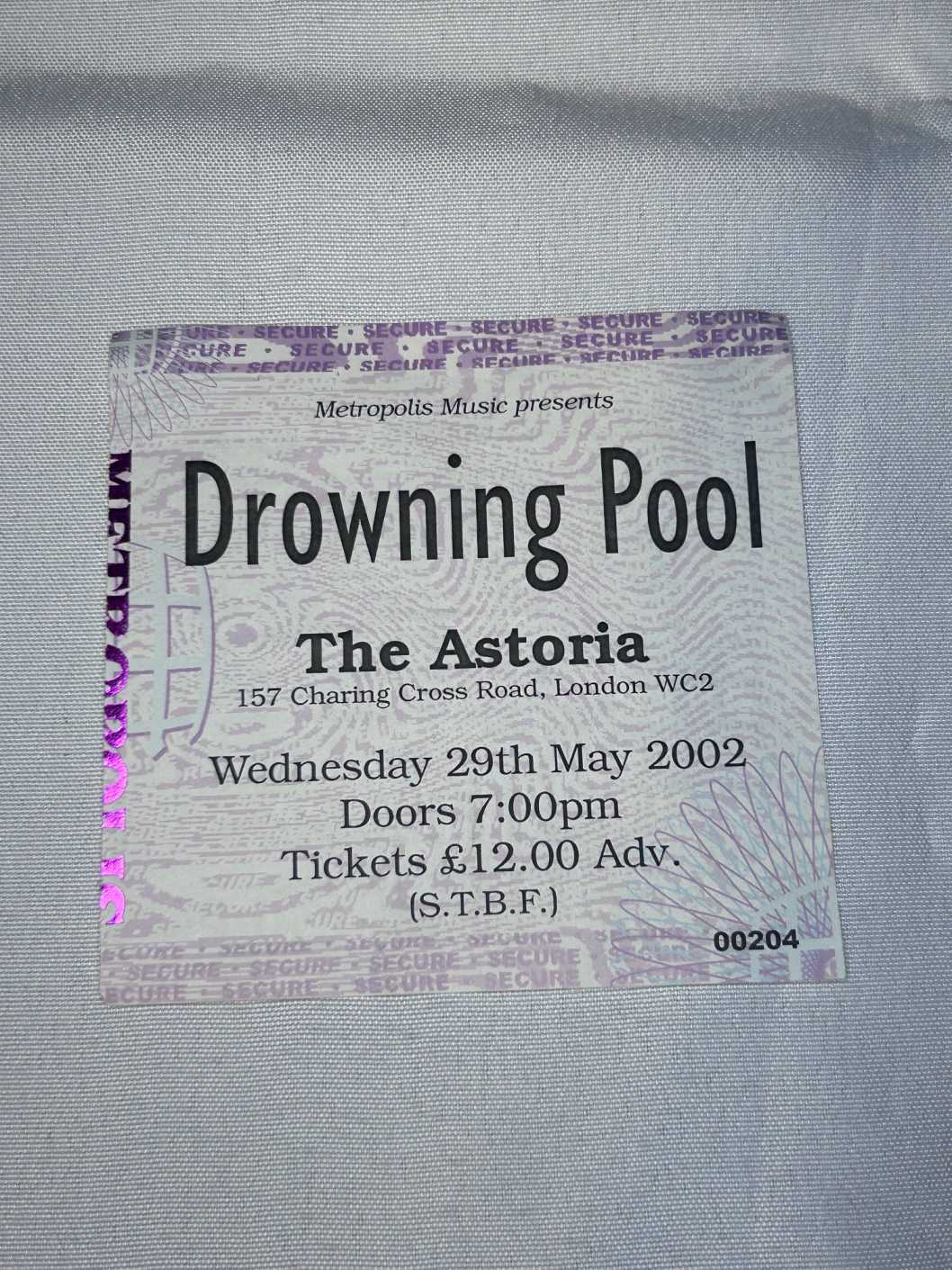 Drowning Pool Ticket Stub Astoria 29th May 2002
