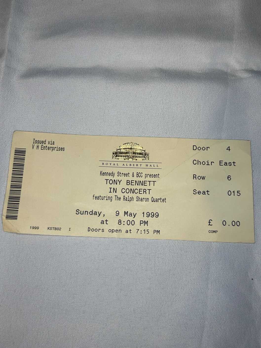 Tony Bennett Ticket Stub 9th May 1999 Royal Albert Hall