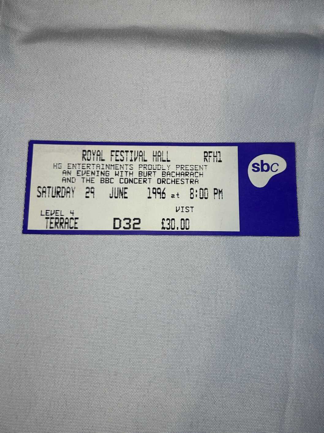 Burt Bacharach Royal Festival Hall Ticket Stub 29th June 1996