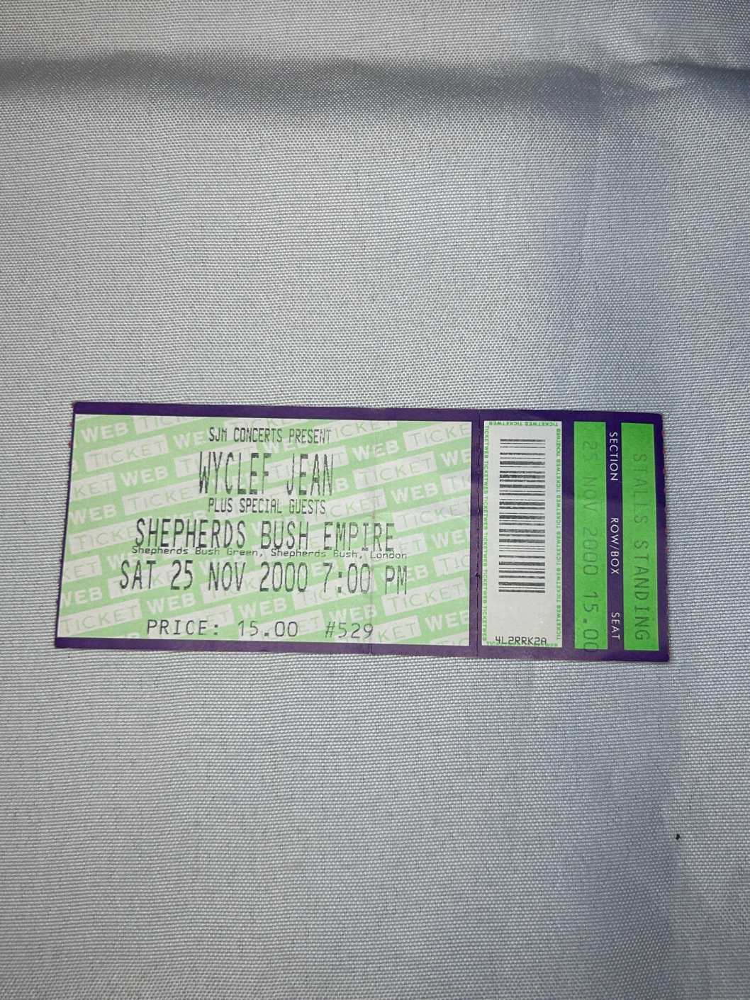 Wyclef Jean Ticket Stub Shepherds Bush 25th November 2000