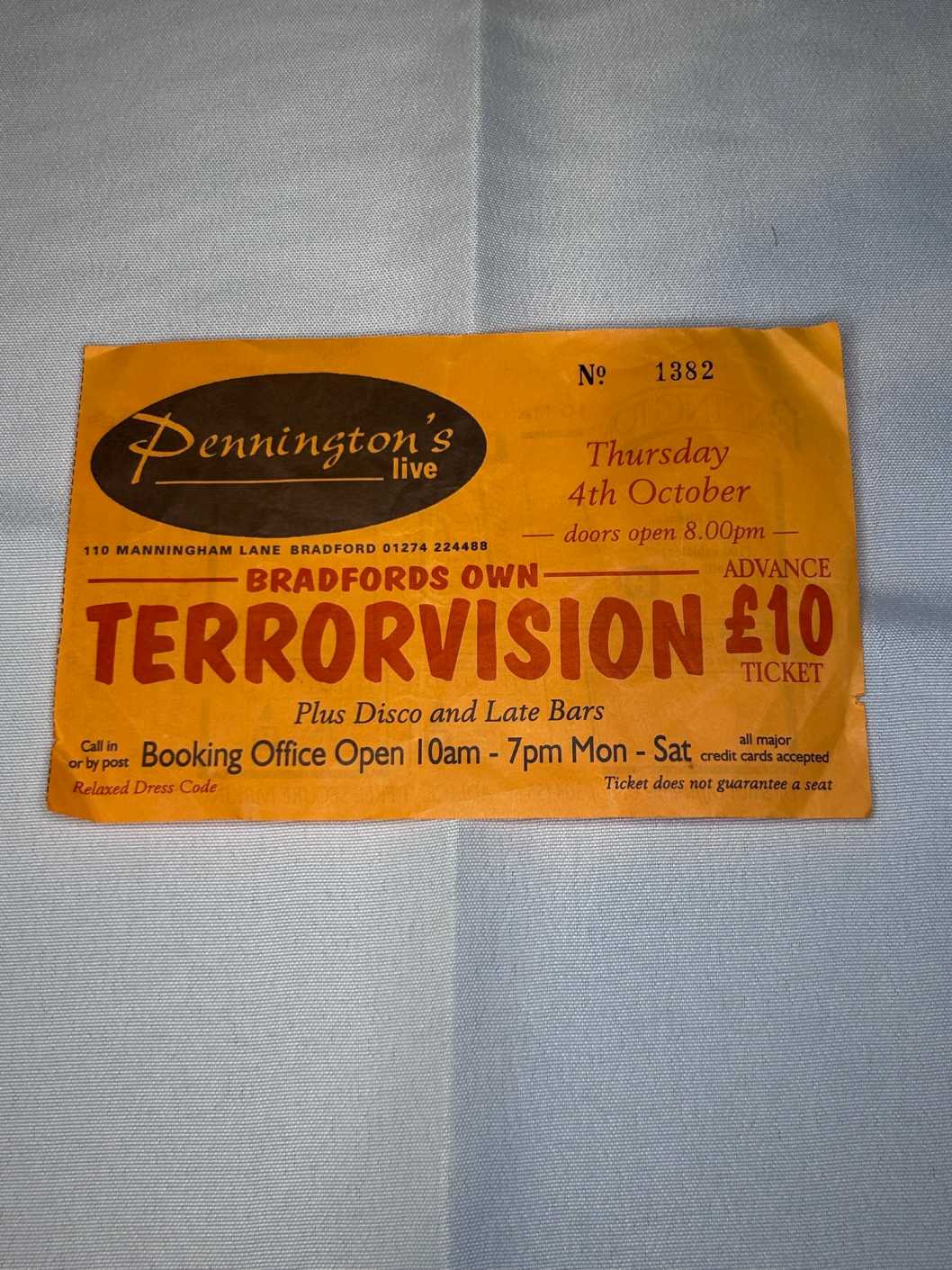 Terrorvision Ticket Stub Penningtons 4the October 2001 Genuine