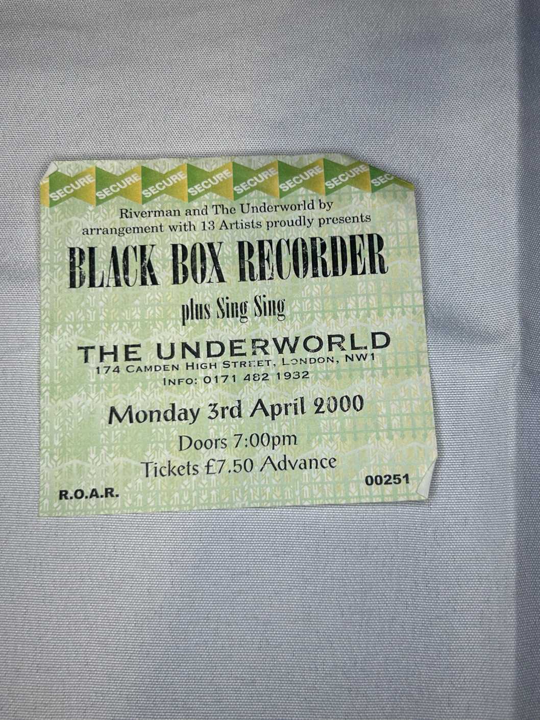 Black Box Recorder Ticket Stub 3rd April 2000 The Underworld