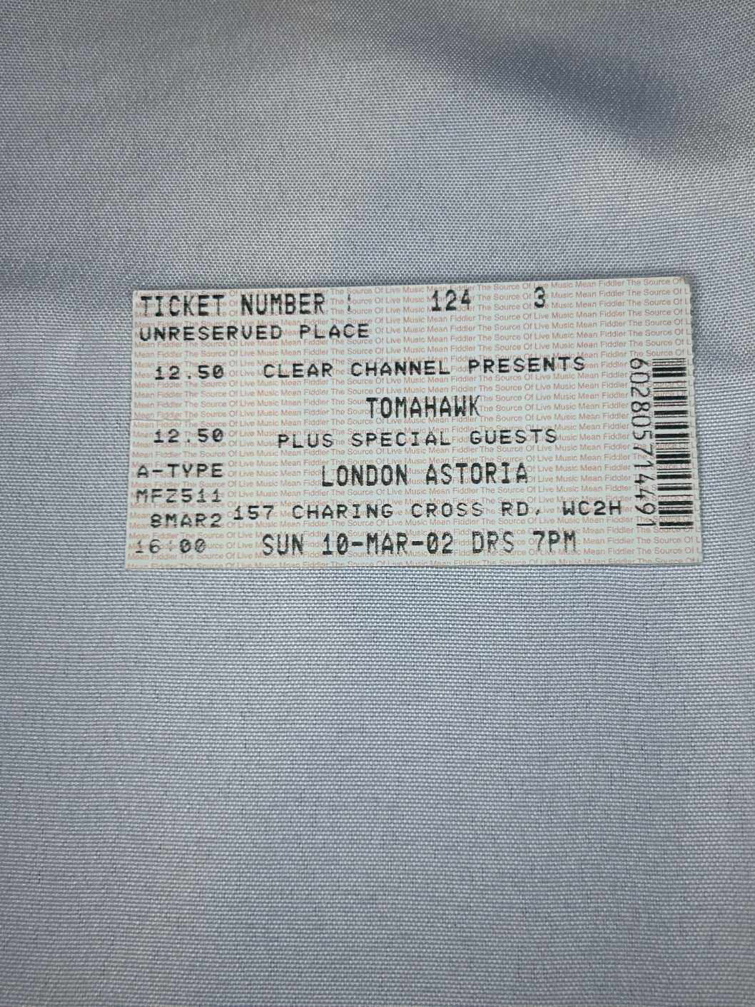Tomahawk Ticket Stub Astoria 10th March 2002