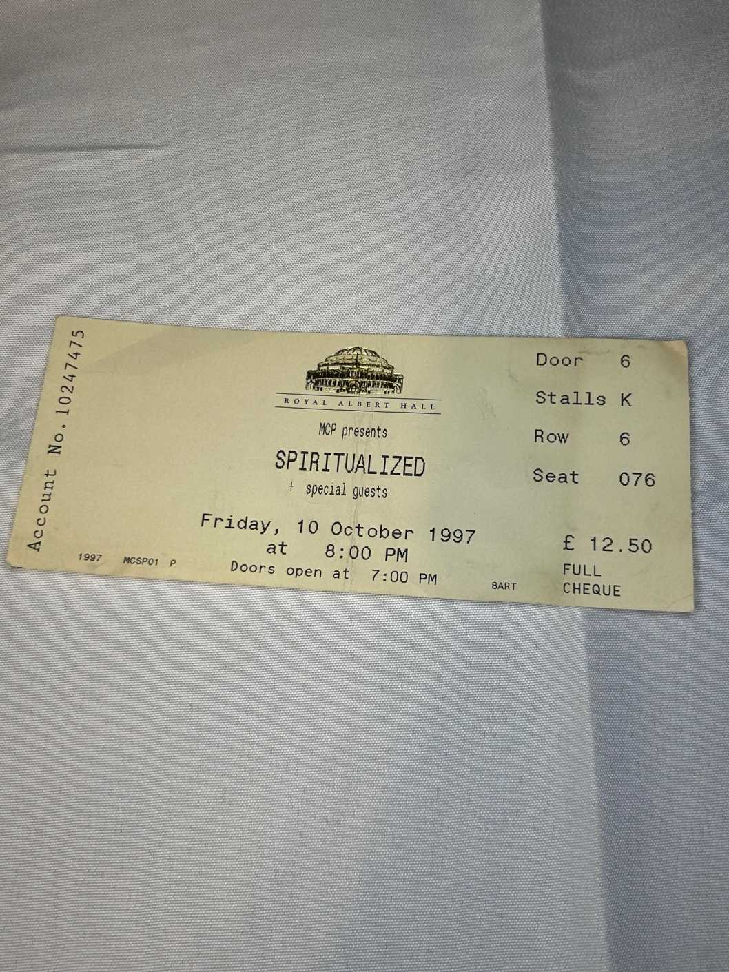 Spiritualized Ticket Stub Royal Albert Hall 10th October 1997