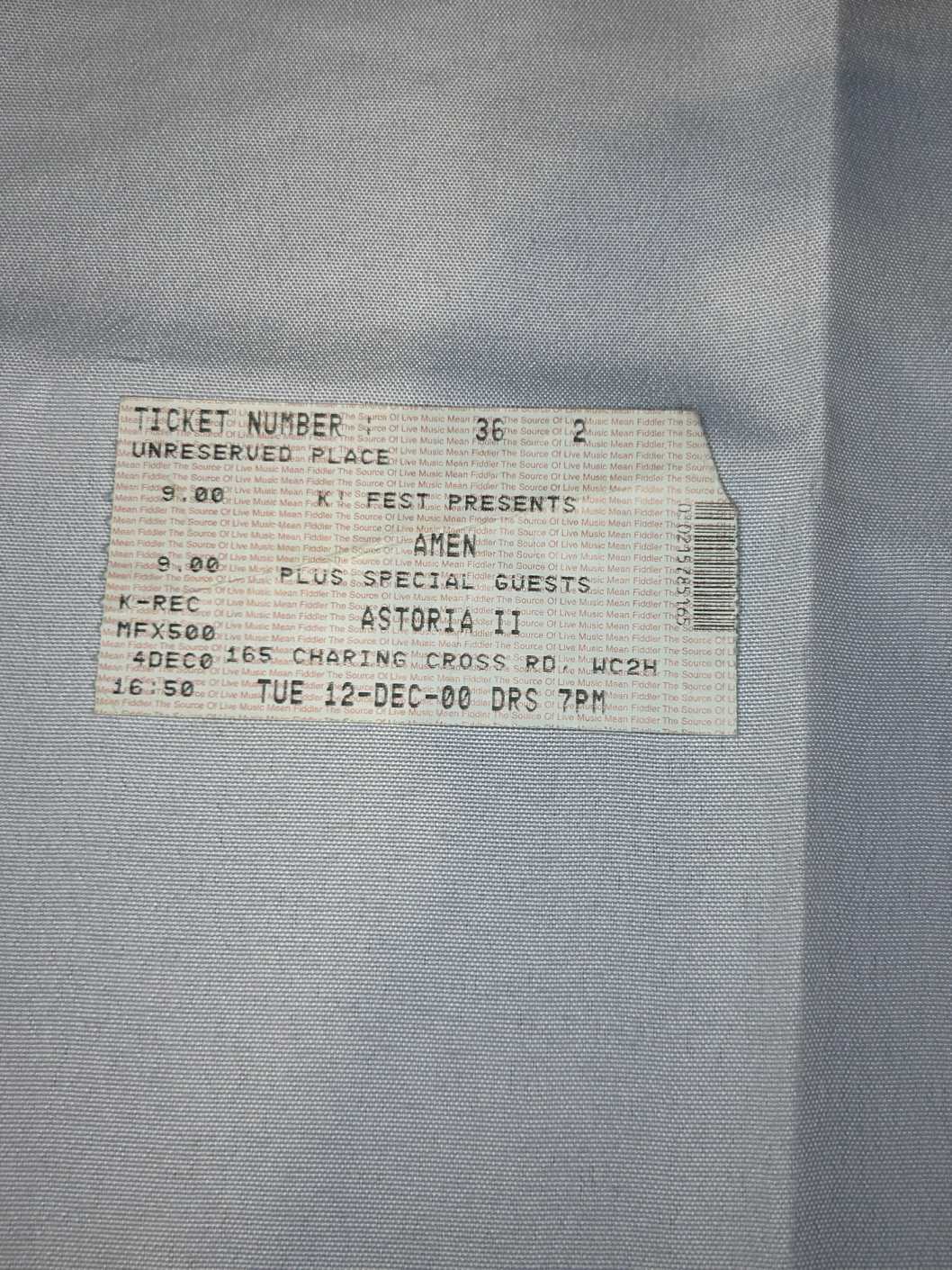 Amen Ticket Stub Astoria 2 12th December 2000