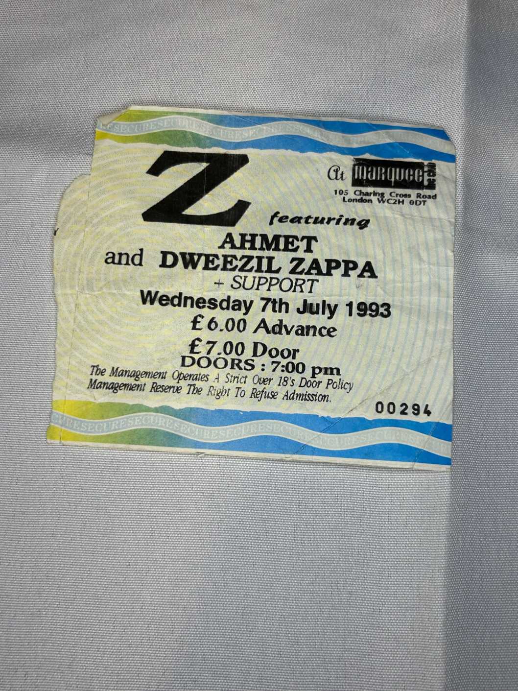Z Ahmet and Dweezil Zappa 7th July 1993 Ticket Stub Genuine