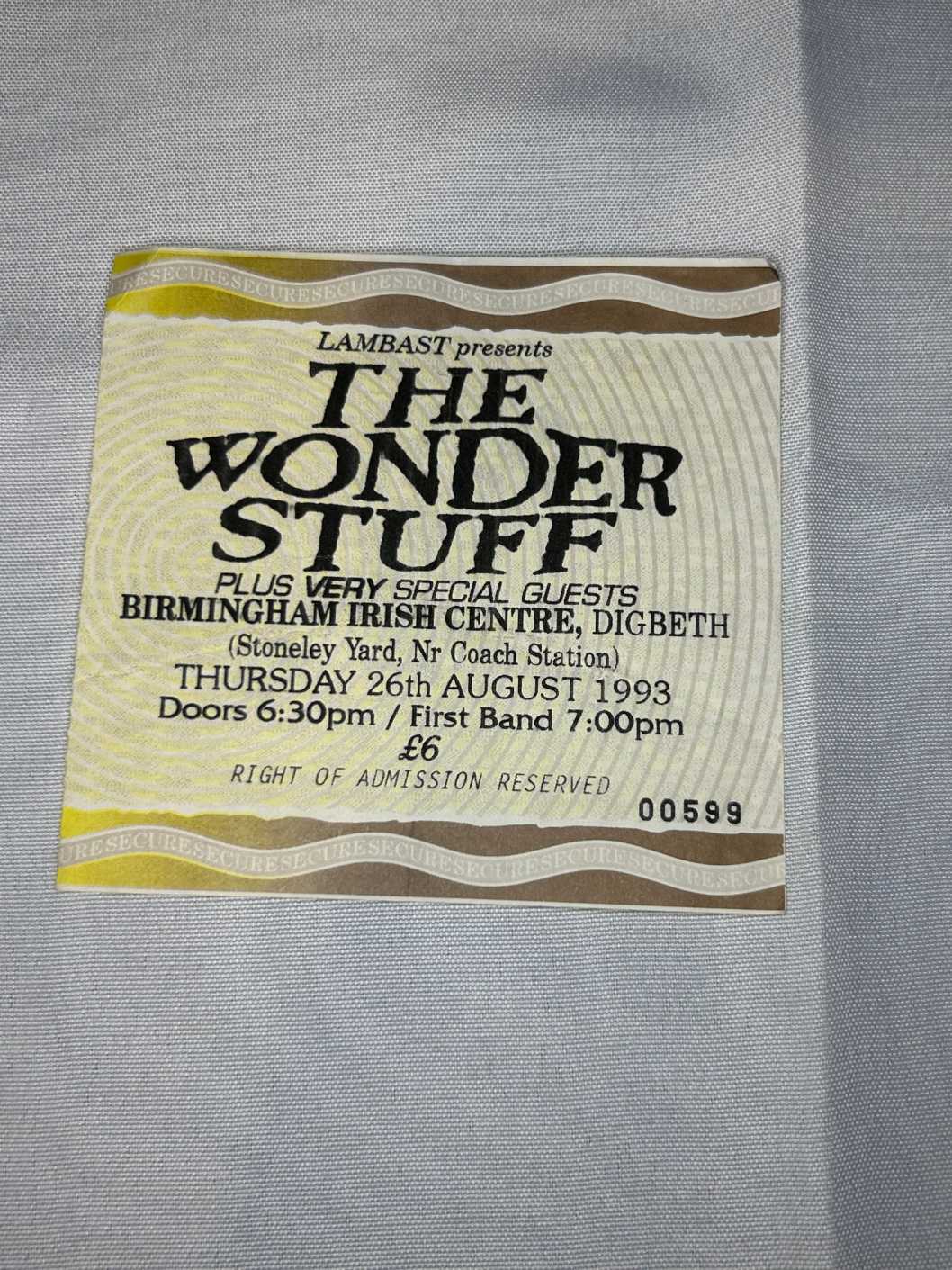 The Wonder Stuff Ticket Stub Birmingham 26th August 1993