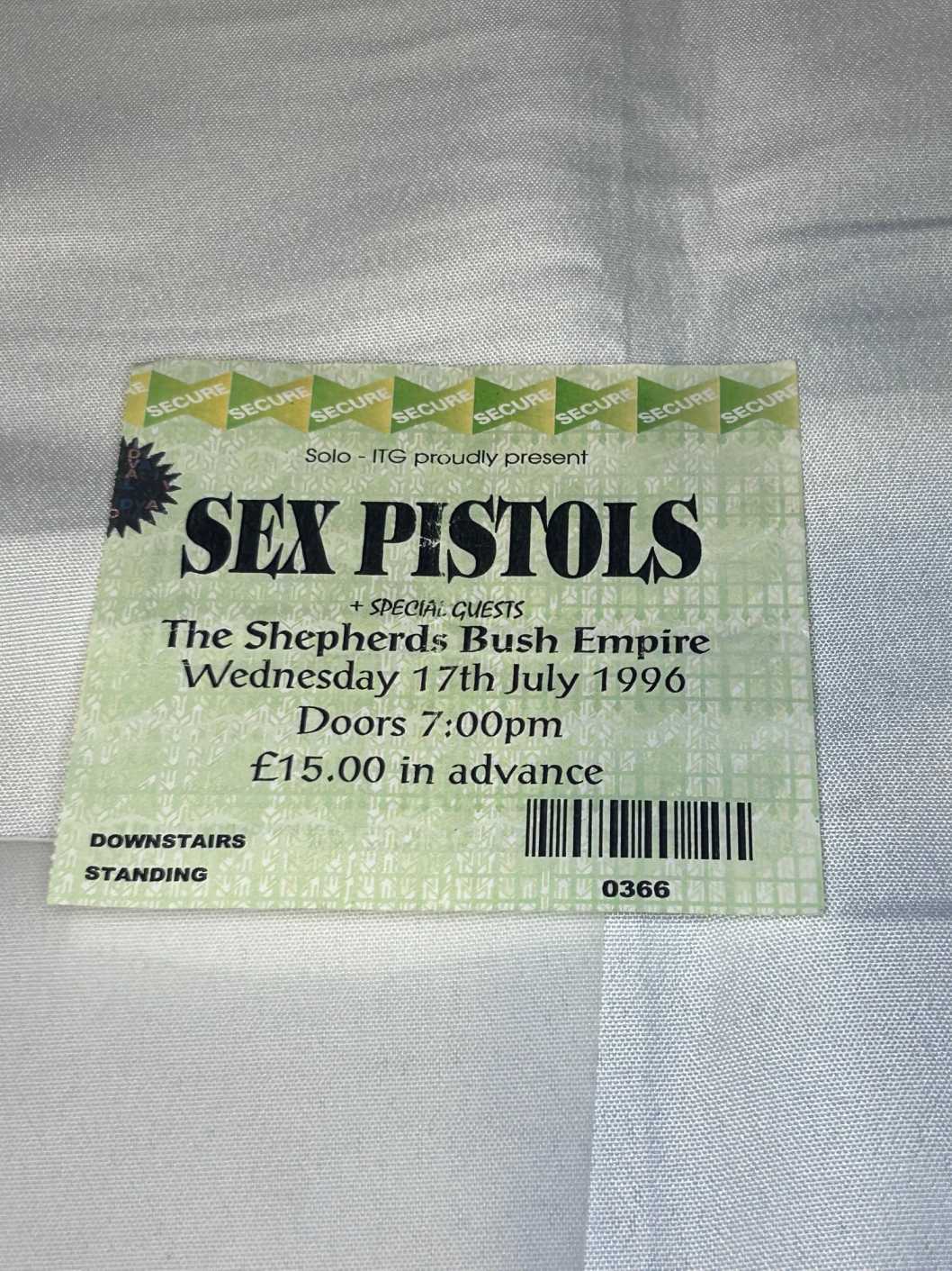 Sex Pistols Ticket Stub Shepherds Bush 17th July 1996