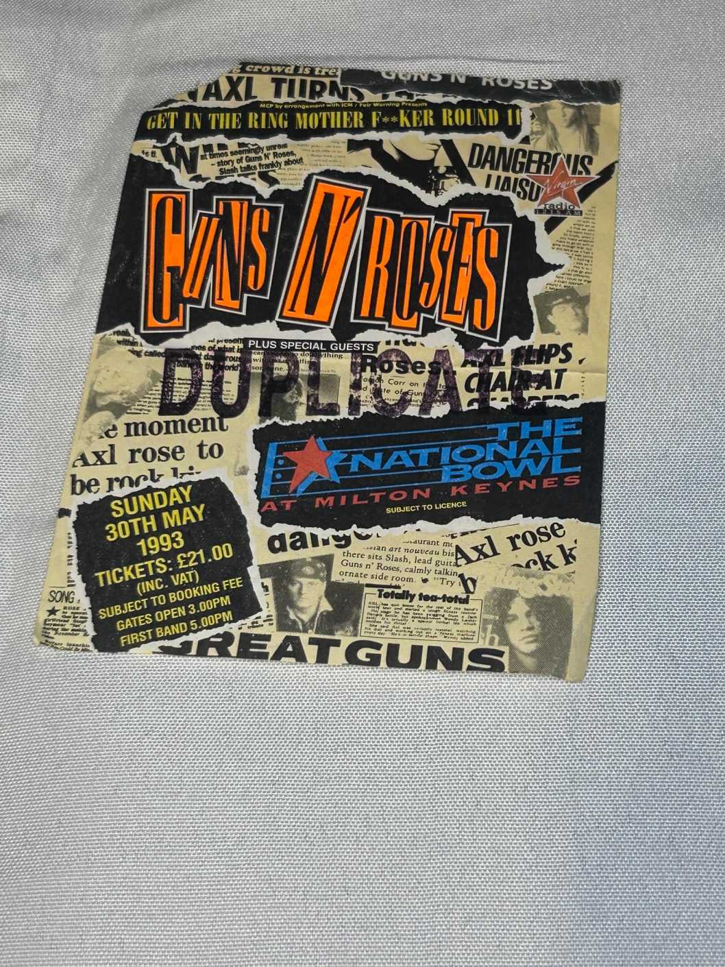 Guns N’ Roses Ticket Stub 30th May 1993 MK Bowl