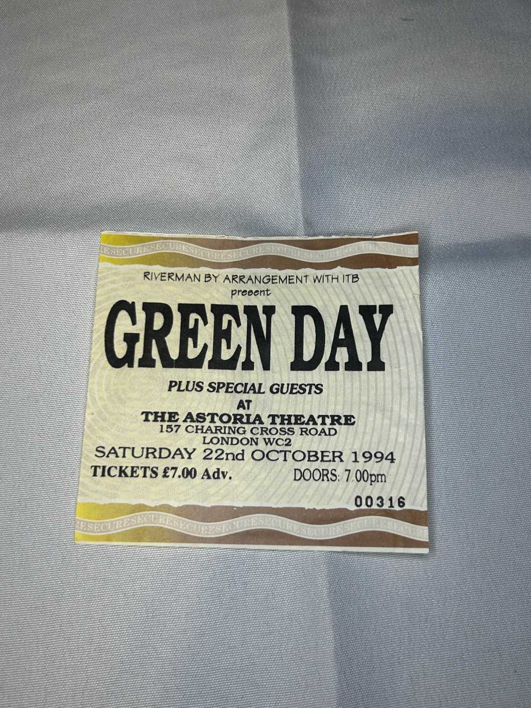 Green Day Ticket Stub October 1994 Astoria
