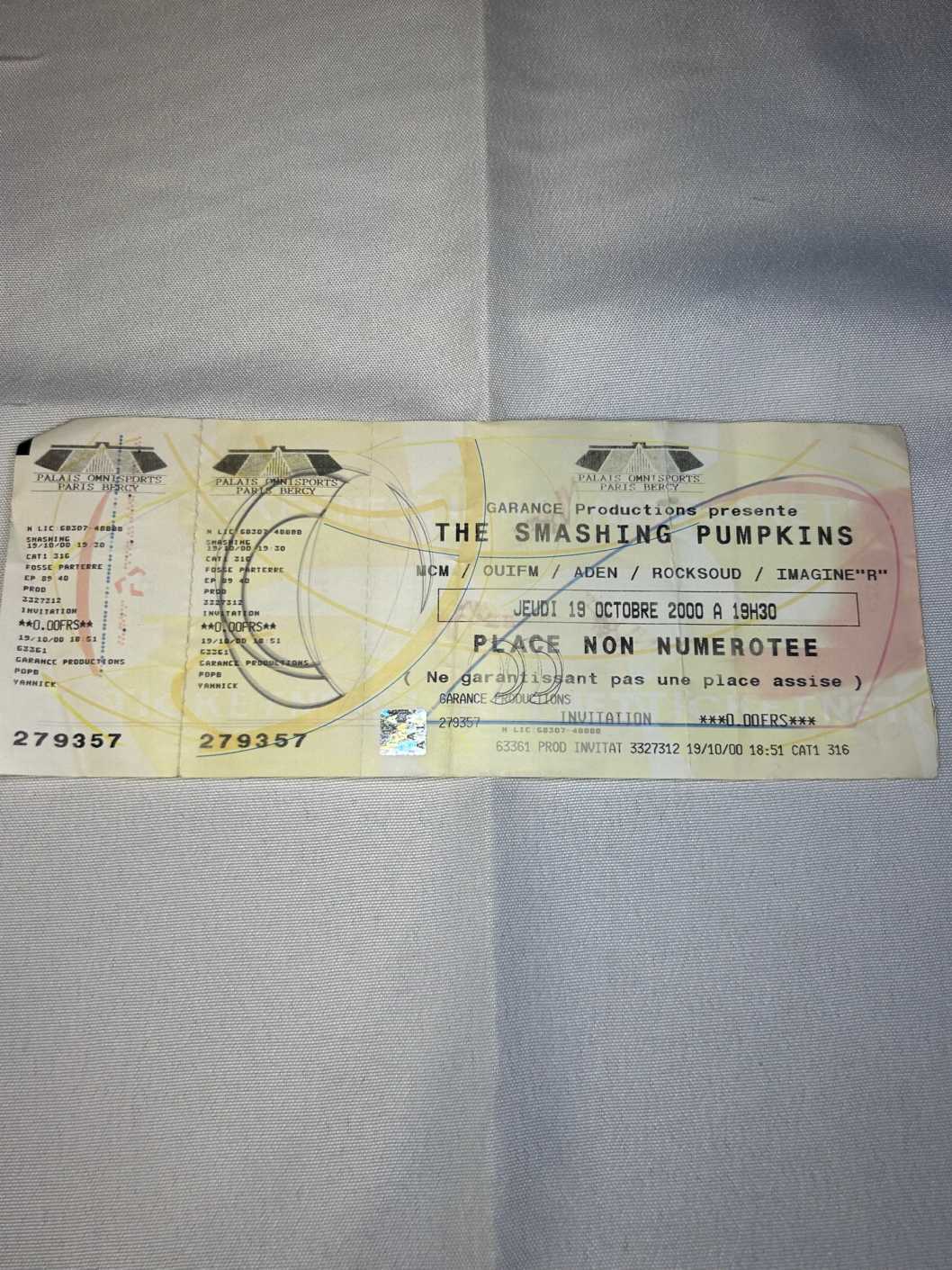 Smashing Pumpkins Ticket Stub 19th October 2000 Paris