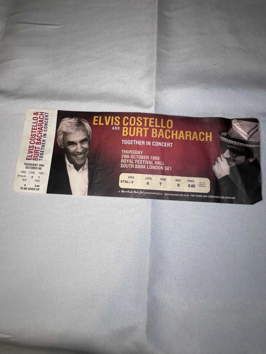 Elvis Costello and Burt Bacharach 29th October 1998 Royal Festival Hall Ticket Stub
