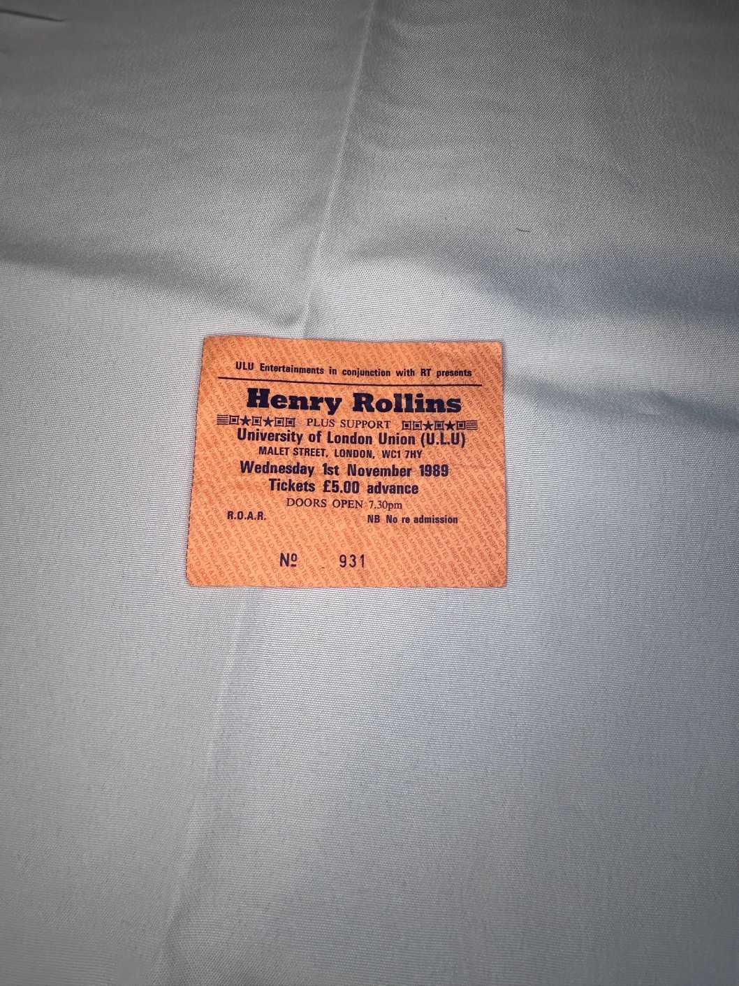 Henry Rollins Ticket Stub ULU London 1st November 1989 Rare