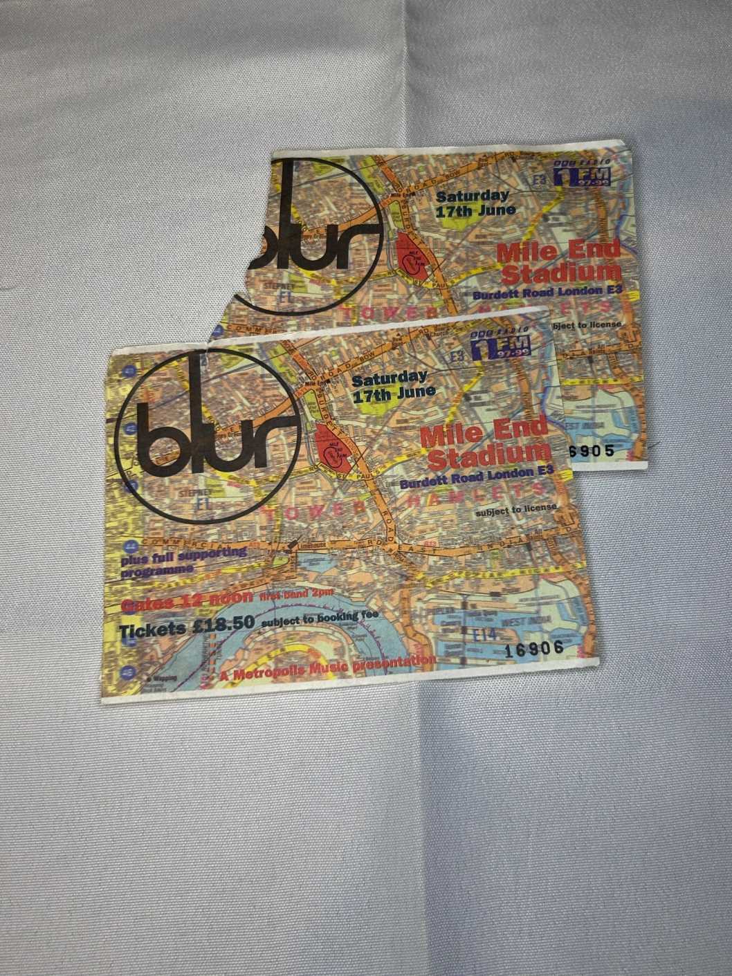 2 x Blur Ticket Stubs 17th June 1995 Genuine Mile End Stadium