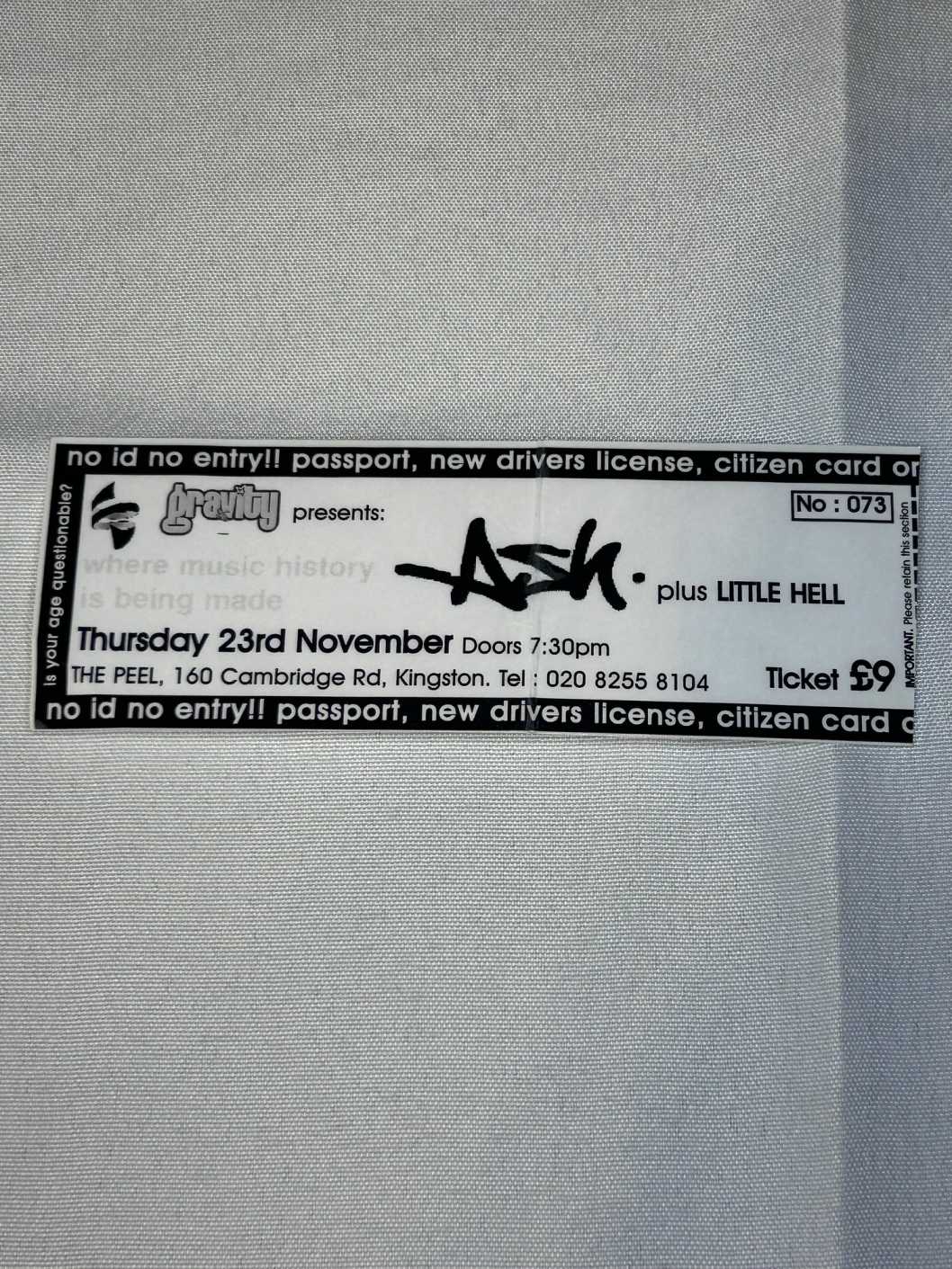 Ash Ticket Stub Kingston November 23 2000 The Peel