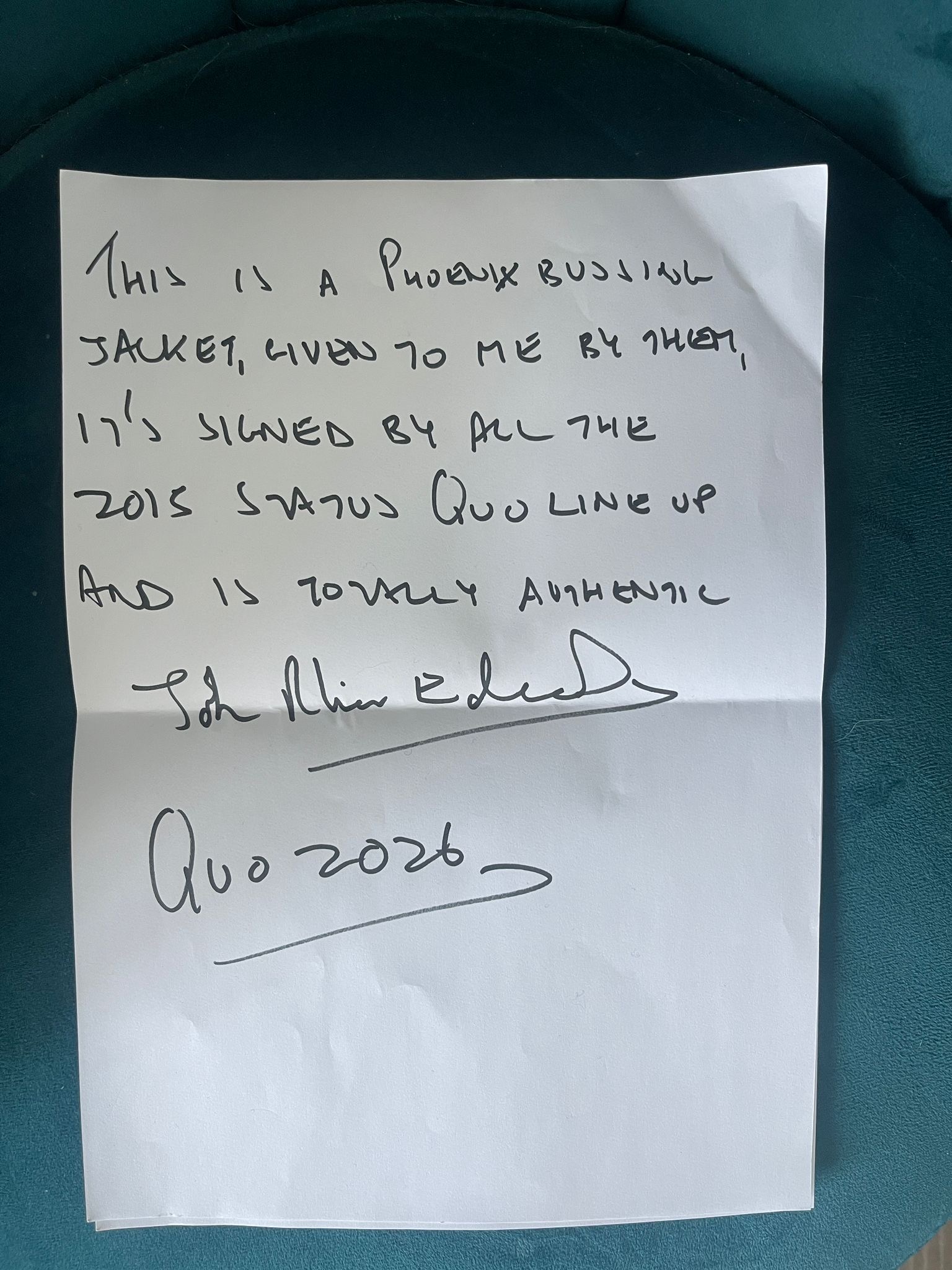 Status Quo Signed Tour Jacket Large – very rare and genuine with providence letter. Authentic !